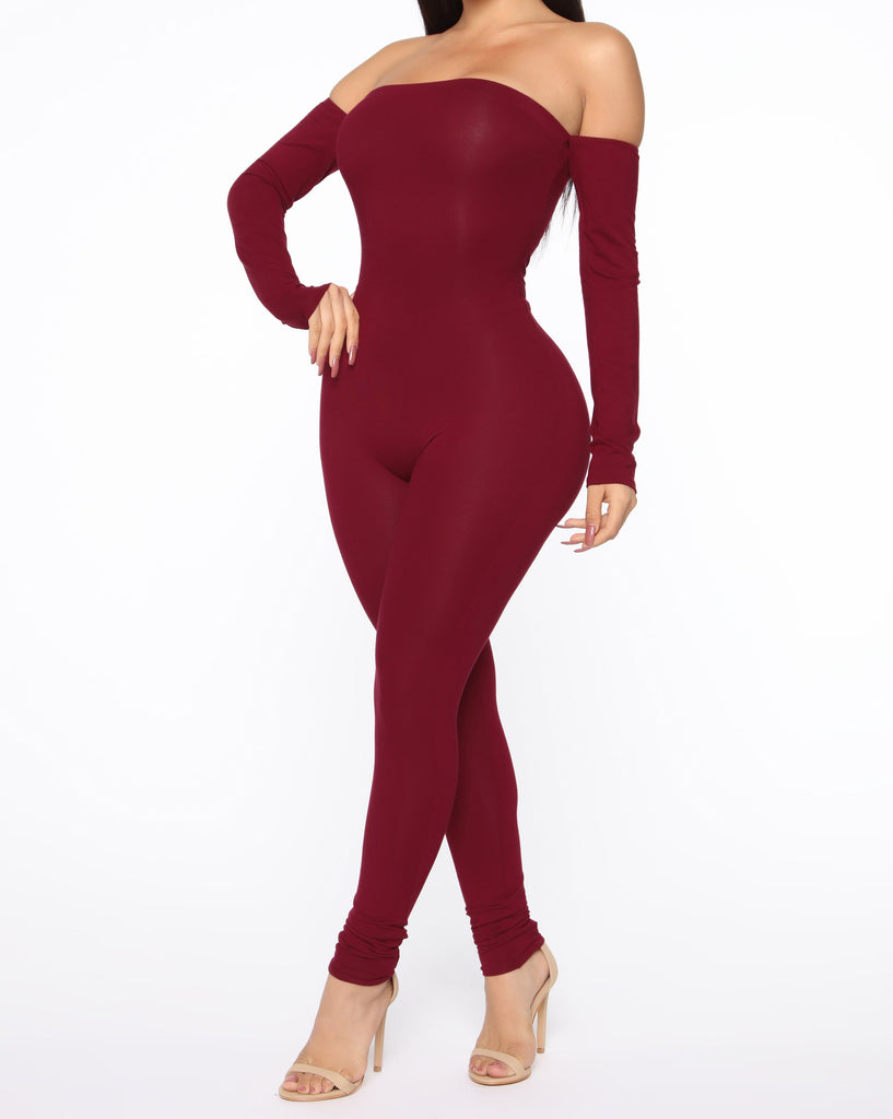 Bare Shoulder Jumpsuit - Burgundy – GIA's Swagg Boutique